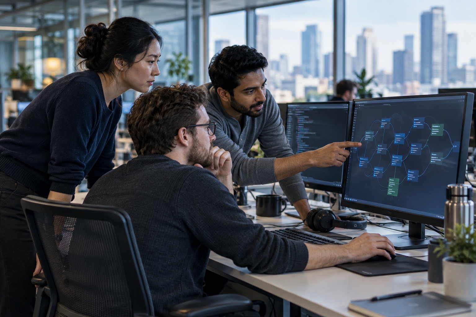 Software engineers reviewing a workflow graph at a workstation