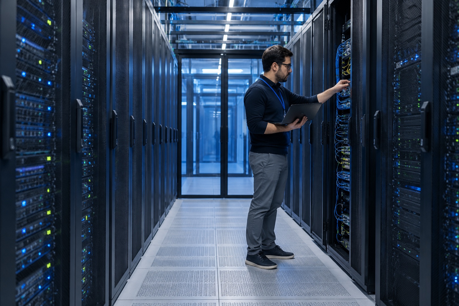 Network engineer working in a modern data center