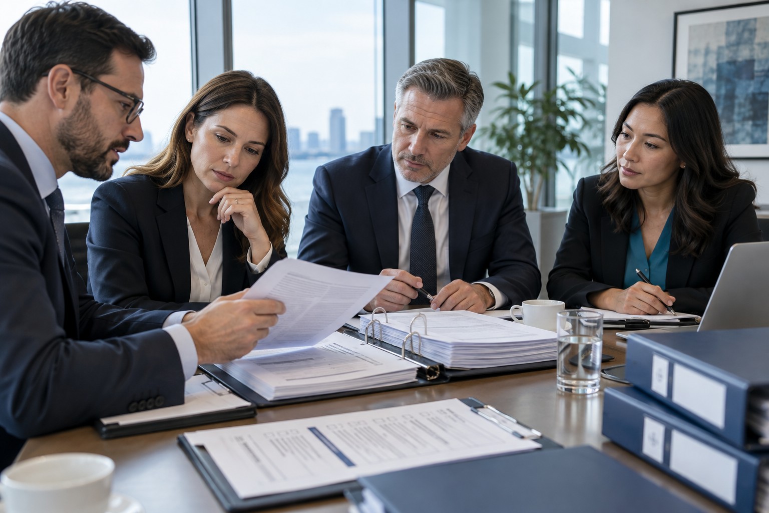 Compliance professionals reviewing audit evidence and regulatory checklists in an office