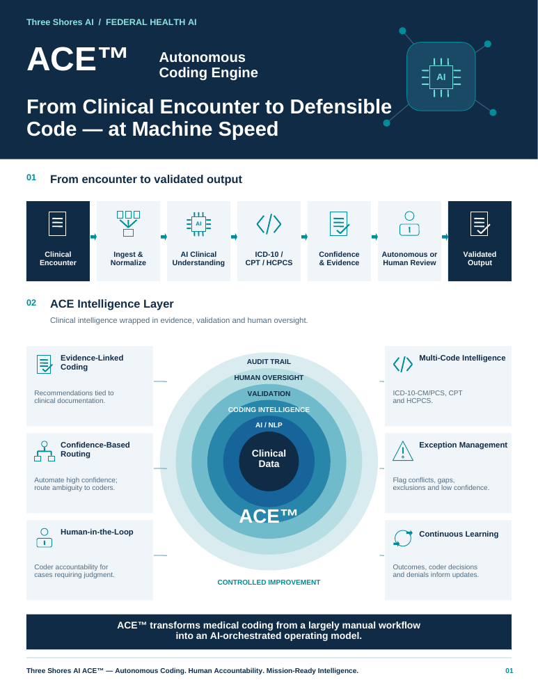 First page of the Three Shores AI ACE white paper with solution workflow and capability diagrams