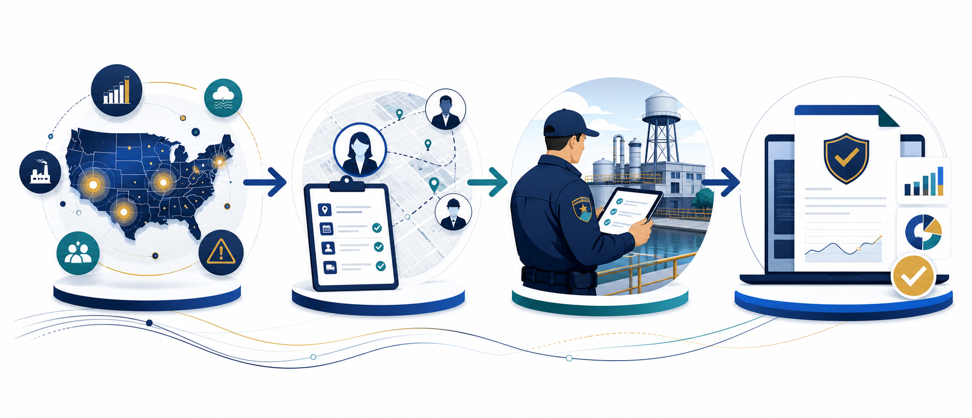 Inspection workflow connecting risk analysis, assignment planning, field execution, and reporting